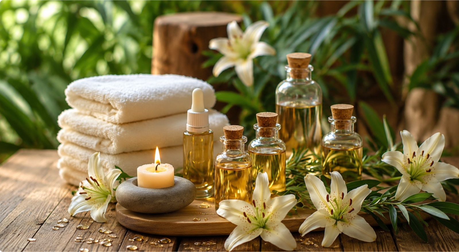 Aceites esenciales y flores blancas para aromaterapia