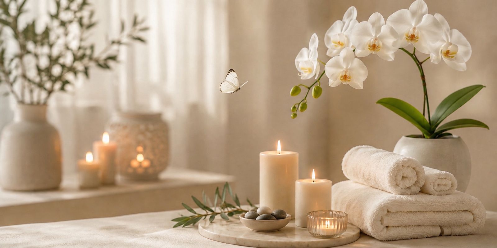 Espacio terapéutico de Lotus Transformation Healing con orquídeas blancas, velas encendidas y atmósfera serena
